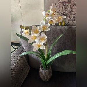 Artificial White and Yellow Orchid Plant in Ceramic Pot - Home Accents